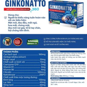 (HD) Bổ não Ginkgo Natto 360 Q10-Hộp 100 viên hoạt huyết tăng cường lưu thông máu Hỗ trợ giảm đau đầu hoa mắt chóng mặt suy giảm trí nhớ tê bì chân tay-với Ginkgo Biloba Extract 360mg
